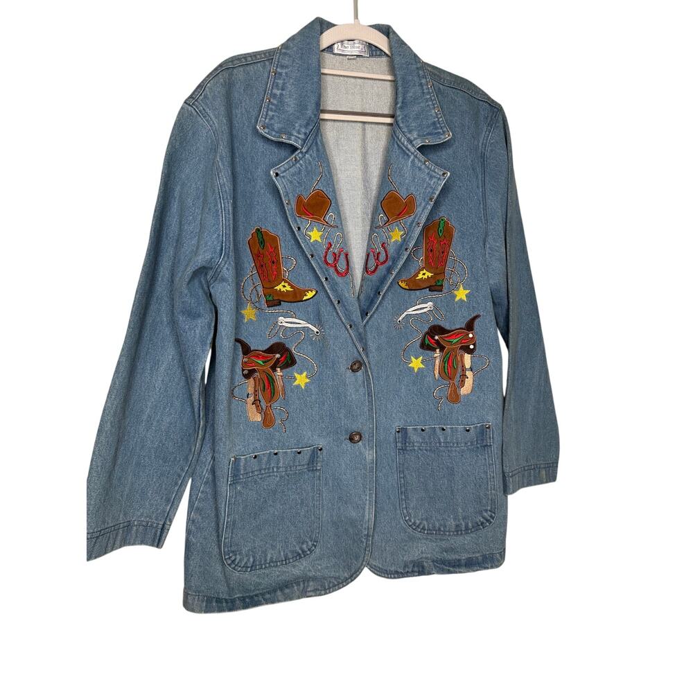 Vintage 90s The Blue Denim Rodeo‎ Cowgirl Western Jean Blazer Jacket